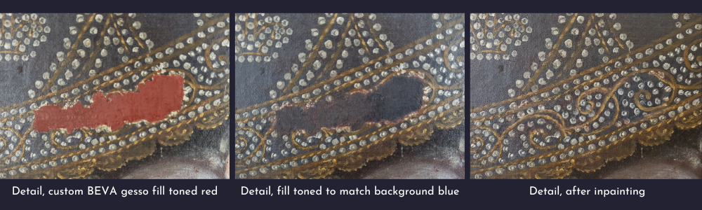 Three close-up, detail shots showing the treatment process of filling and inpainting an area of paint loss on the dark blue dress covered in white and gold details.