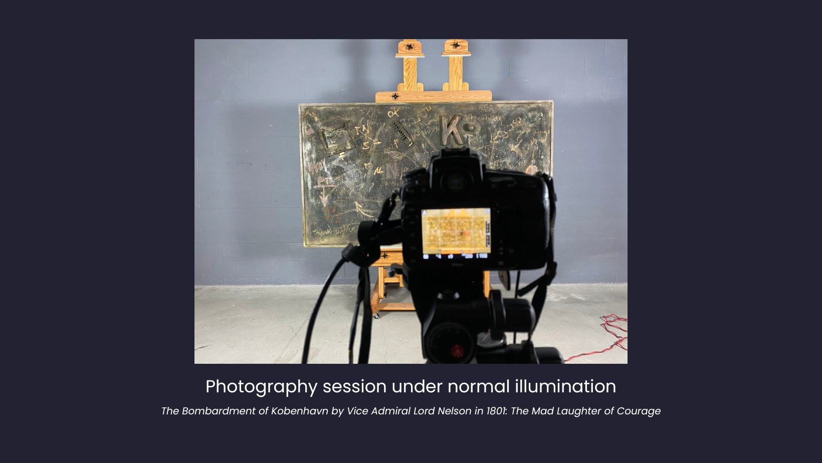Black digital camera on a tripod positioned in front of a large gray painting on an easel in front of a gray wall. Camera is on and ready to take a picture of the painting.