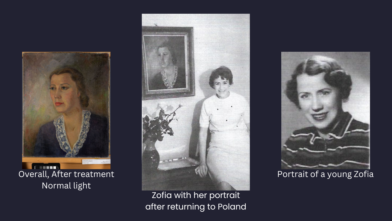 Series of three images. First - after treatment photo of a painting; second - black and white photo of a woman leaning on a table next to a painting of her; third - black and white photo of the same woman in a striped blouse