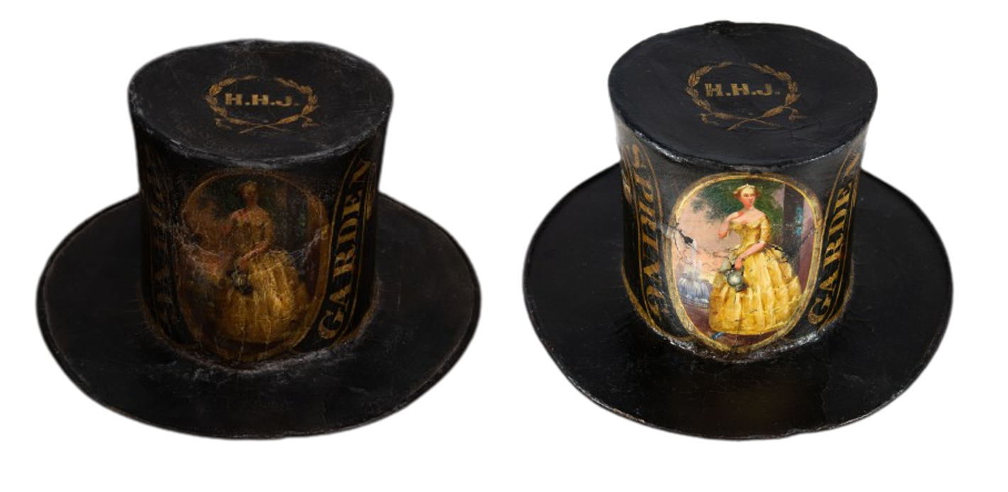 Two pictures of the same black fireman parade hat showing the difference before and after treatment. The hat has a painting of a woman in a gold ball gown and the words Spring Garden written in gold on its front.