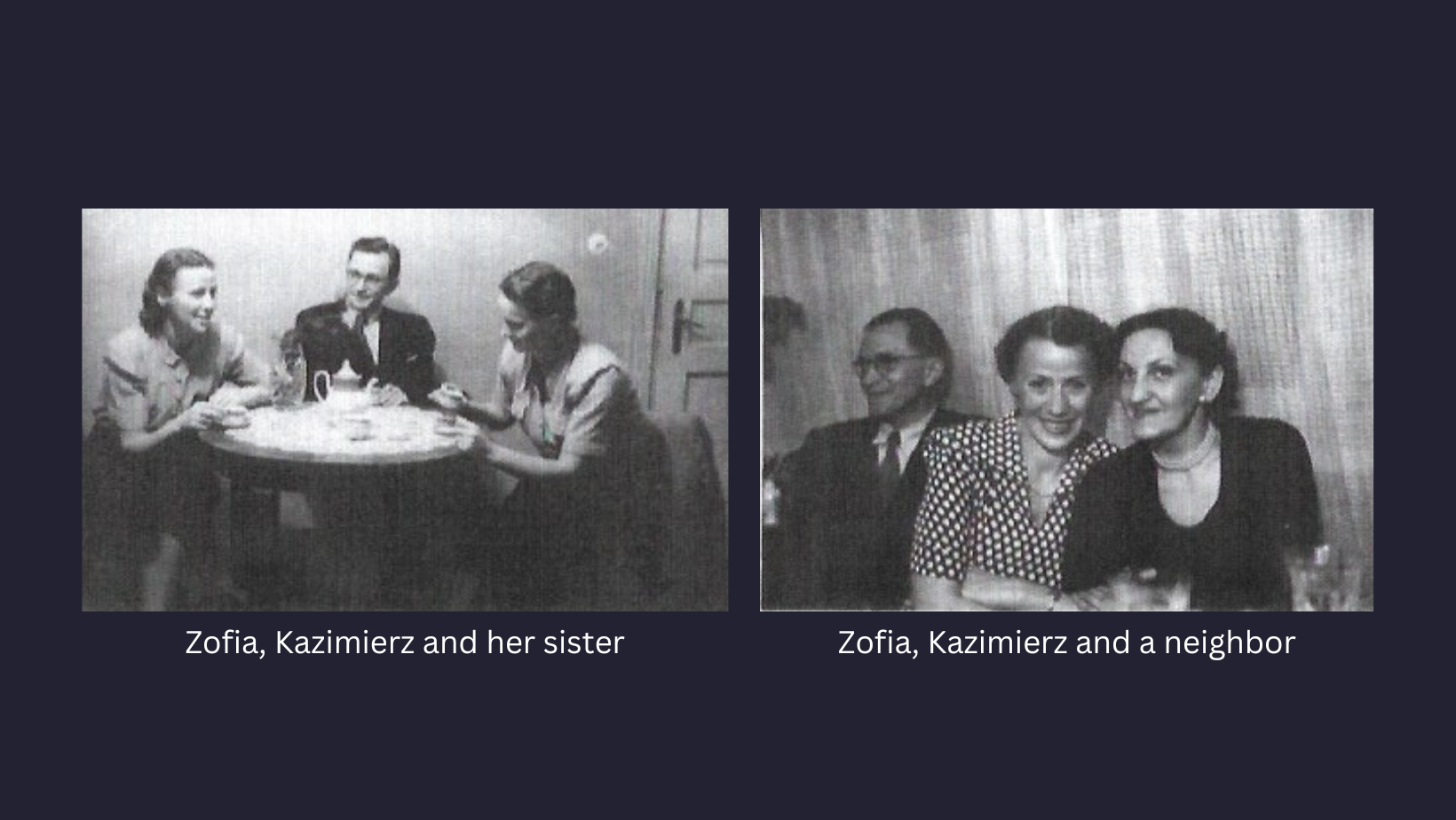 Two black and white photographs. The first shows two women and a man sitting around a table set for tea. The second shows two women lookin directly at the camera with a man just behind them looking to the left.
