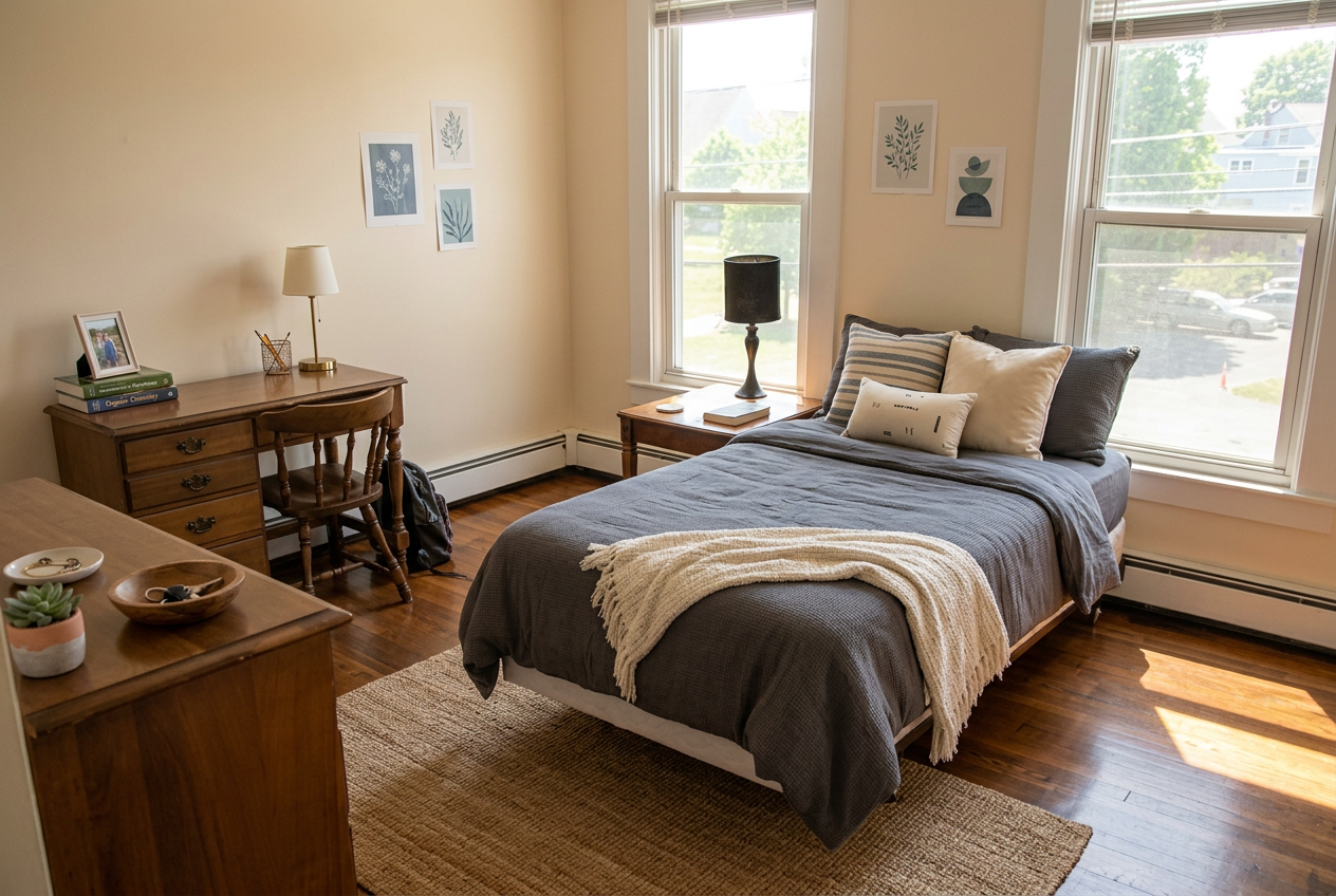 Firefly_Gemini Flash_Stage this room as a realistic, cozy, stylish college dorm room. Keep the existing de 241021.png