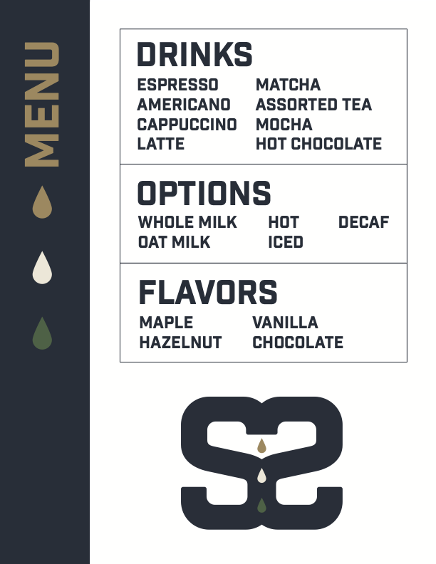 Coffee shop menu with sections for drinks, options, and flavors. Drinks include espresso, Americano, cappuccino, latte, matcha, assorted tea, mocha, hot chocolate. Options for whole milk, oat milk, hot, iced, and decaf. Flavors listed are maple, hazelnut, vanilla, and chocolate. Side of coffee cup icons with drops representing menu categories.