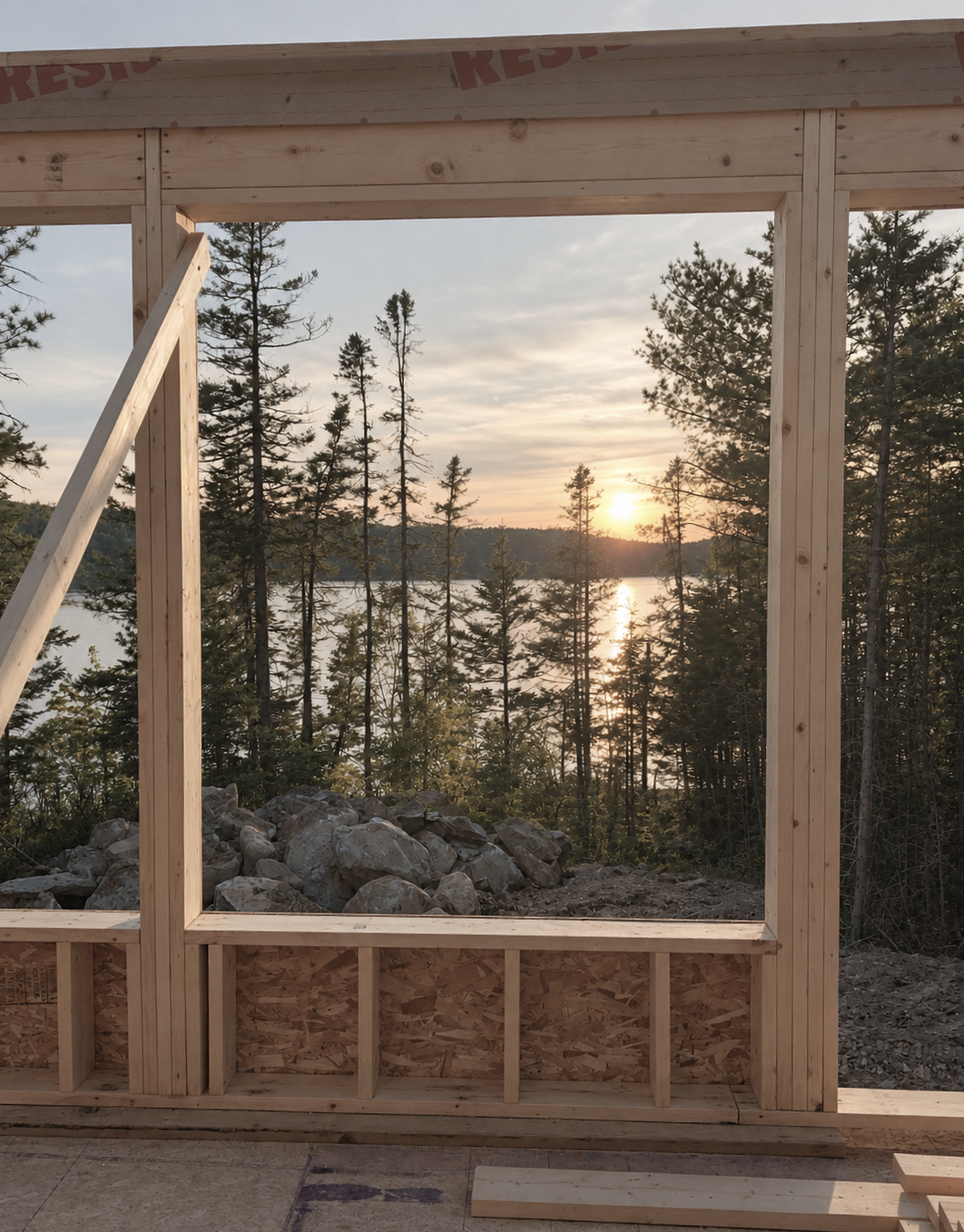 Unfinished wooden frame of a building with a scenic view of a forest, river, and sunset through the window opening.