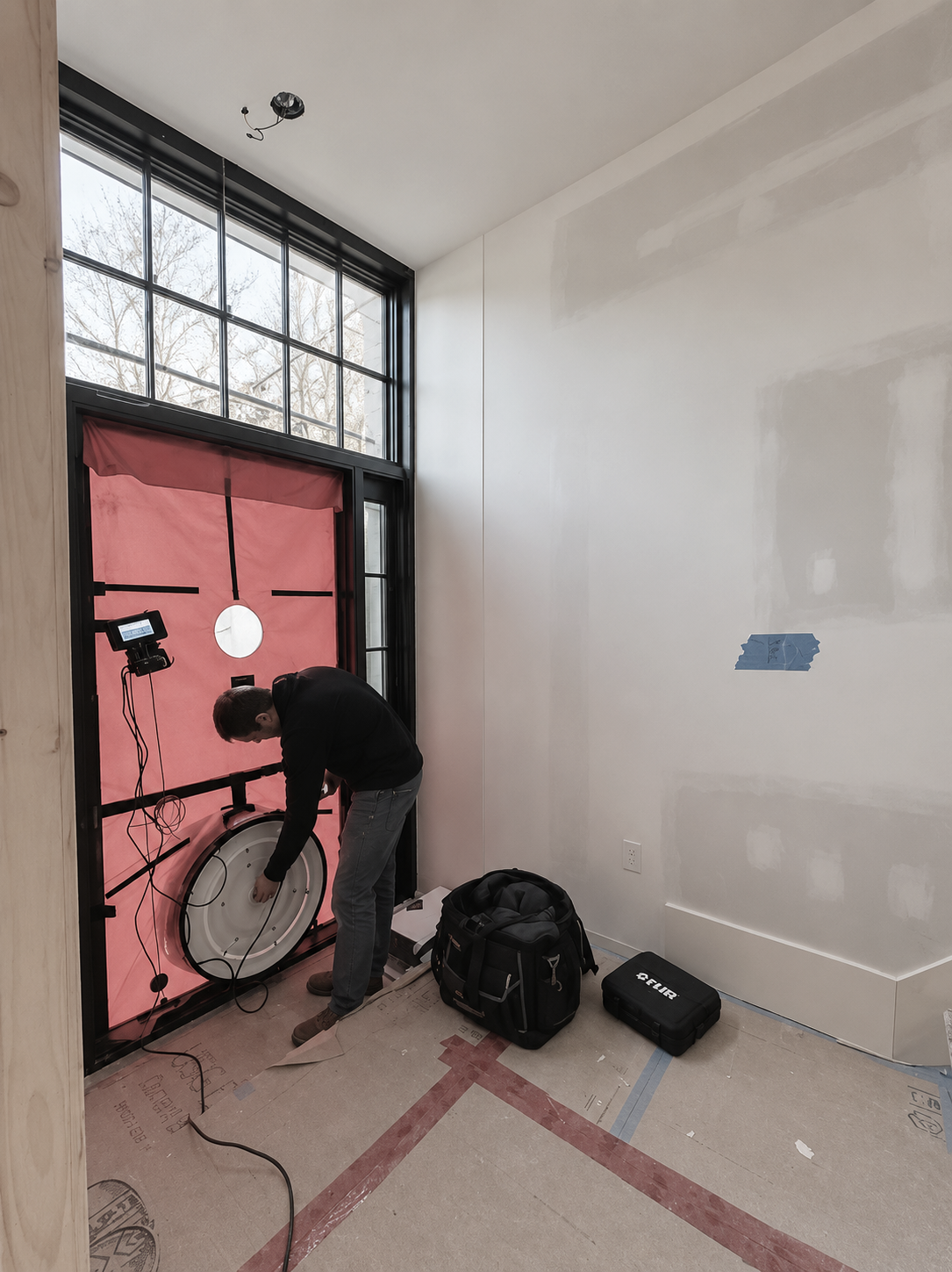 A person installing or repairing a large window in a room under construction, with tools and equipment on the floor.