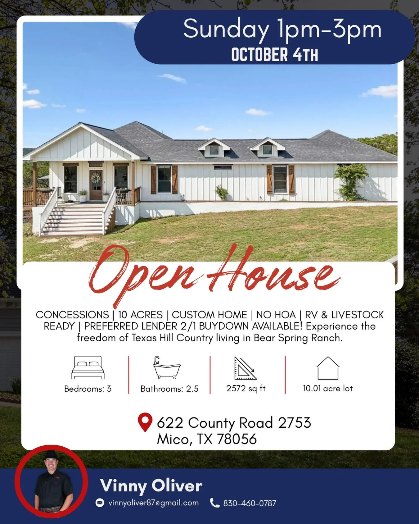 🏡 OPEN HOUSE | SUNDAY, OCTOBER 4TH | 1&ndash;3 PM 🏡

Come check out this beautiful custom home on 10+ acres in Mico! 🌳🤠

✨ 3 Bedrooms | 2.5 Baths
✨ 2,572 Sq Ft
✨ 10.01 Acres
✨ No HOA
✨ RV &amp; Livestock Ready
✨ Concessions Available
✨ Preferred 