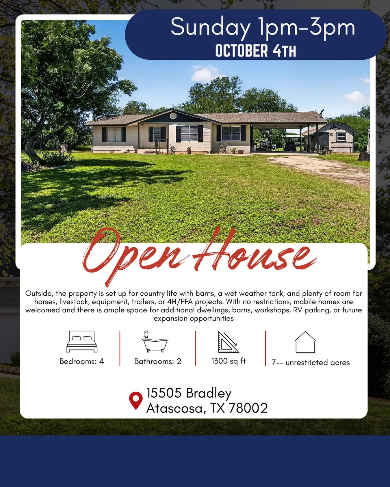 🏡 OPEN HOUSE THIS SUNDAY! 🏡

Come check out 15505 Bradley, Atascosa, TX this Sunday from 1&ndash;3 PM! 🔑

✨ Come tour the property, take a look around, and see if this could be the one you&rsquo;ve been waiting for!

📅 Sunday, October 4
⏰ 1:00&nd
