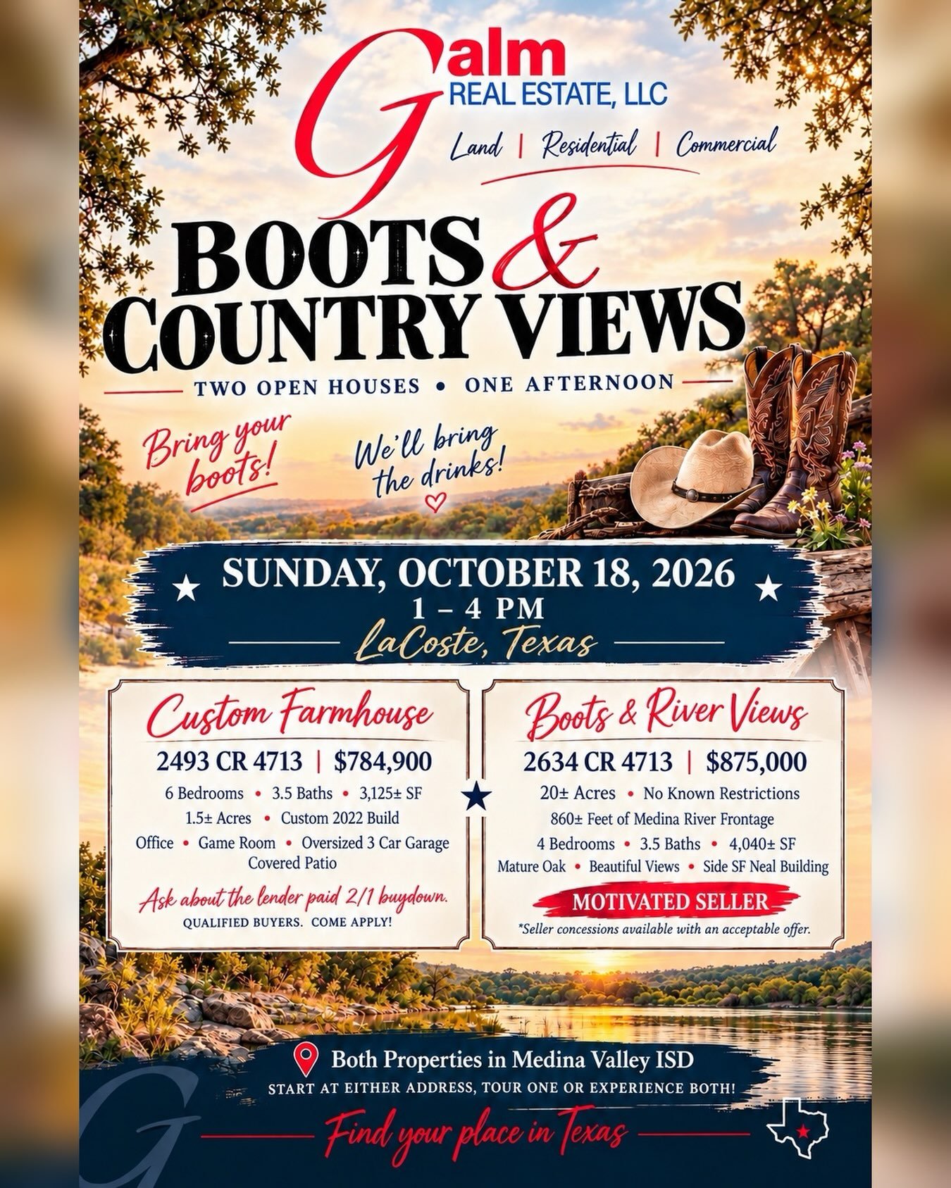 Two incredible properties. One beautiful afternoon in the Texas countryside! 🌾 Join Galm Real Estate in LaCoste for a special open house event where you can explore your options, enjoy the country views, and maybe find your next piece of Texas!

📅 