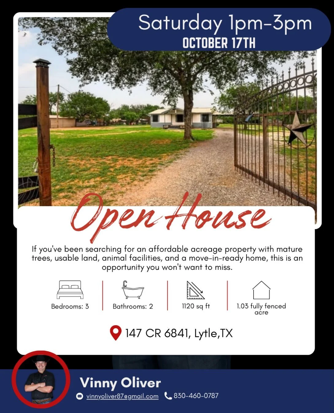 🏡 OPEN HOUSE THIS SATURDAY! 🌳

Looking for affordable acreage with room to spread out? 🌿 Join Vinny Oliver this Saturday, October 17th, from 1 PM&ndash;3 PM and come explore this property in Lytle, TX!

✨ 147 CR 6841, Lytle, TX

🏡 3 bedrooms | 2 