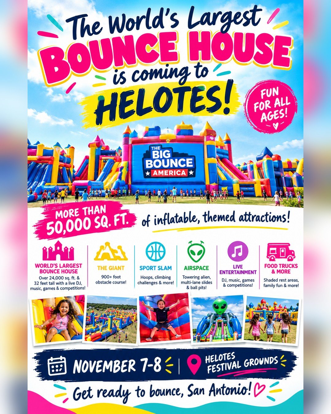 🎉 Event coming soon to Helotes 🎉

Something BIG is coming to our area! 🤩🏰

The Big Bounce America, home to the World&rsquo;s Largest Bounce House, is bringing more than 50,000 square feet of inflatable fun to Helotes November 7&ndash;8! 🩷💙💛

?