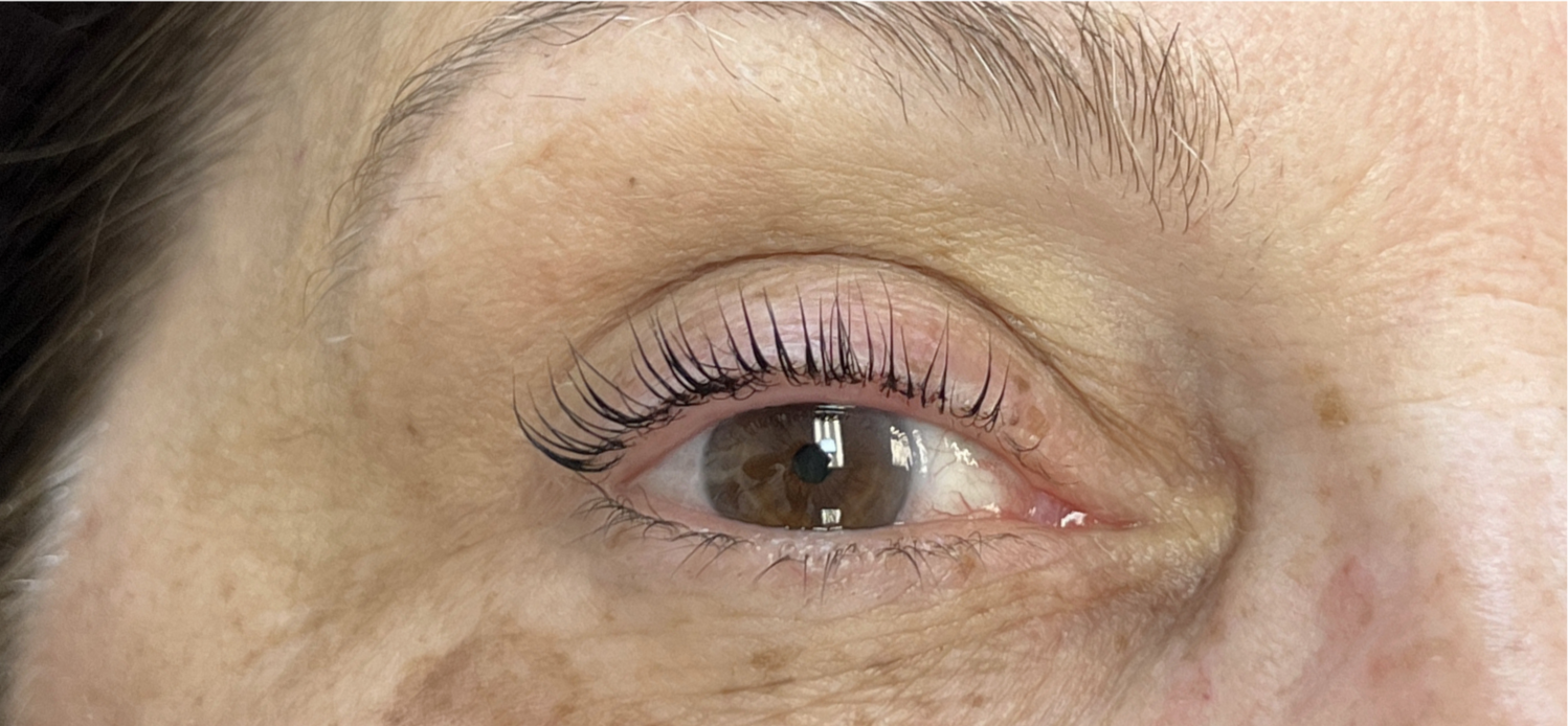 Close-up of a human eye with brown iris, lash lift and tint, and surrounding skin.