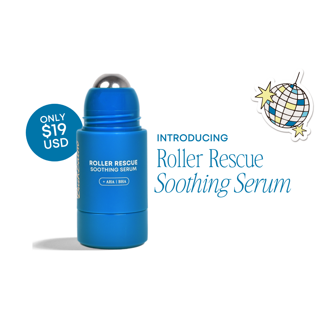 Blue bottle of Roller Rescue Soothing Serum with price tag of $19 USD and promotional text "Introducing Roller Rescue Soothing Serum" in blue and white with a disco ball sticker in the corner.