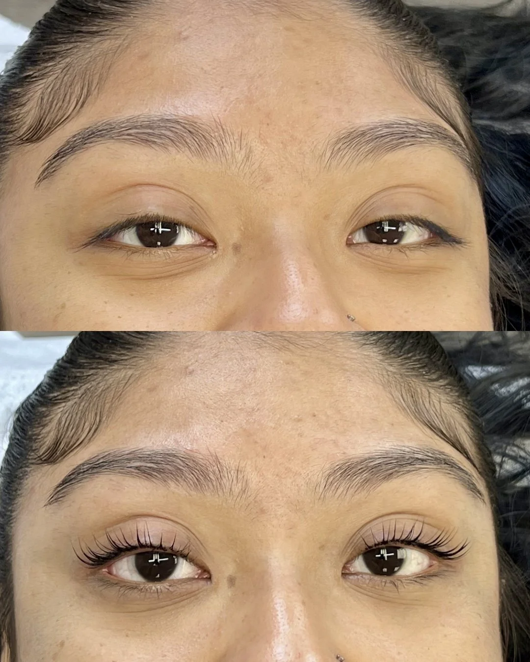 Close-up images of a woman's eyes before and after eyelash lift and tint, showing increased length and curl in the after photo.