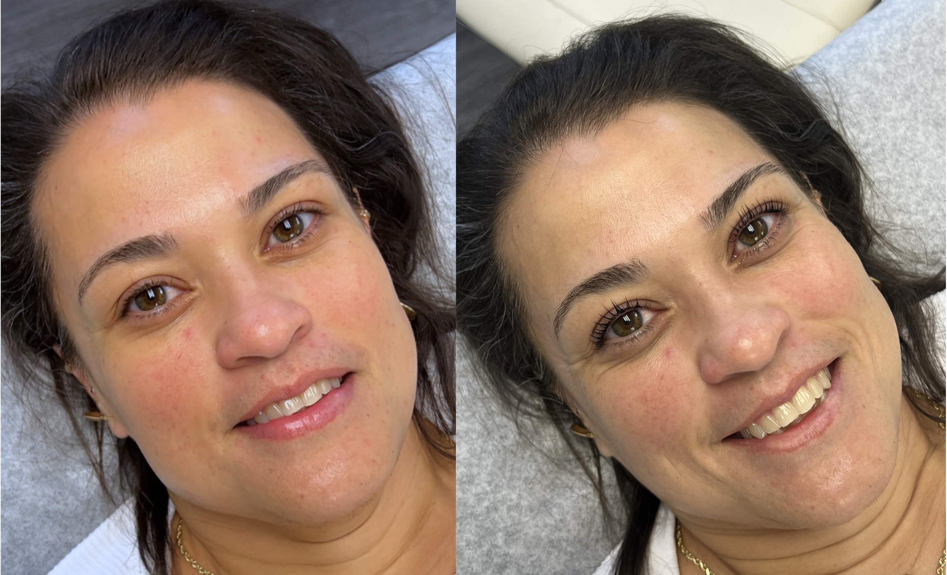 Side-by-side photos of a woman before and after getting eyelash extensions. In the 'before' photo, she has natural lashes, and in the 'after' photo, she has long, curled, and enhanced eyelashes, smiling with teeth showing.