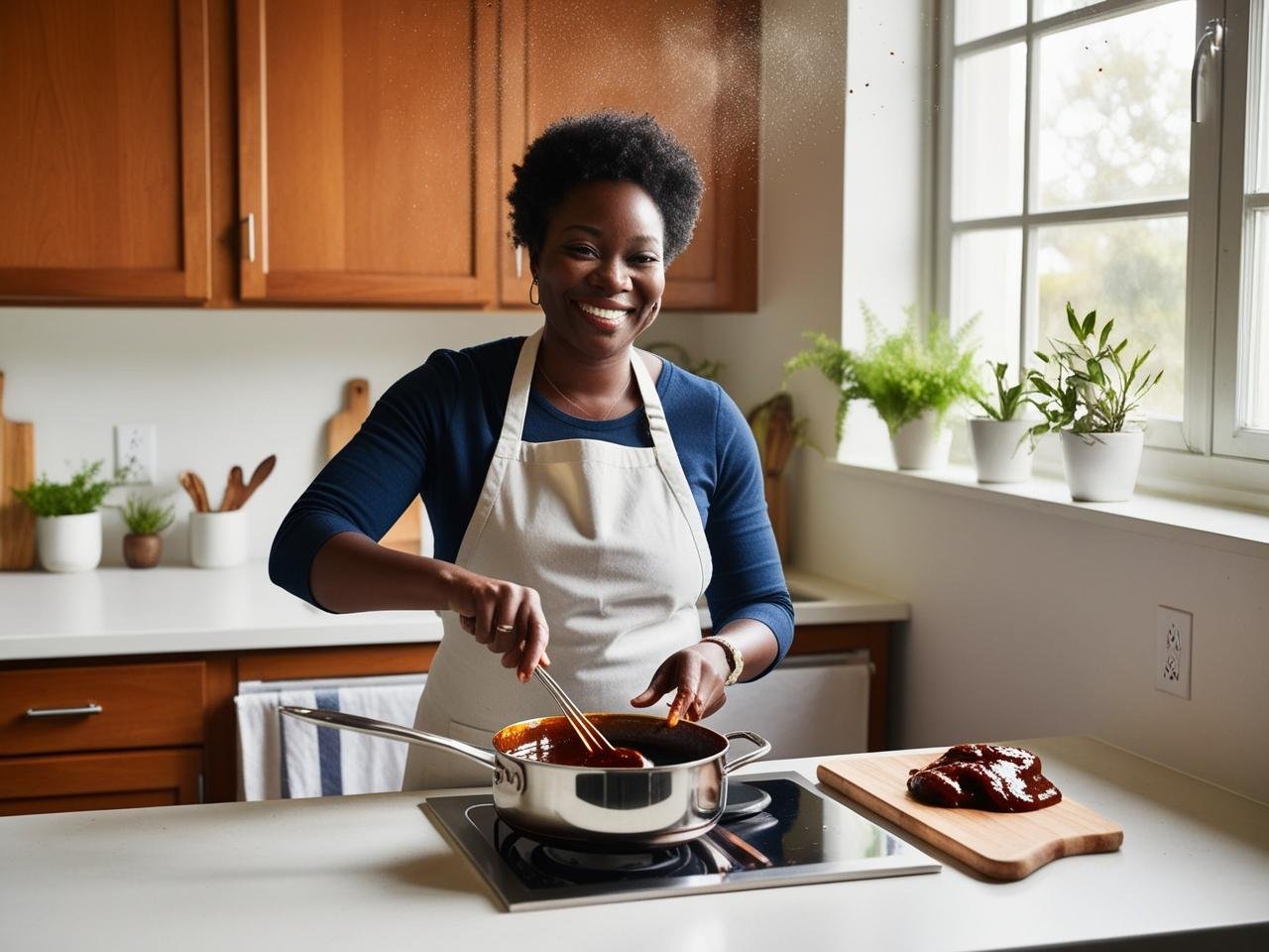 a black woman making barbecue sauce in a simple apartment kitchen and looking happy and satisfied. It should look professional and orderly but still in a humble kitchen..jpg