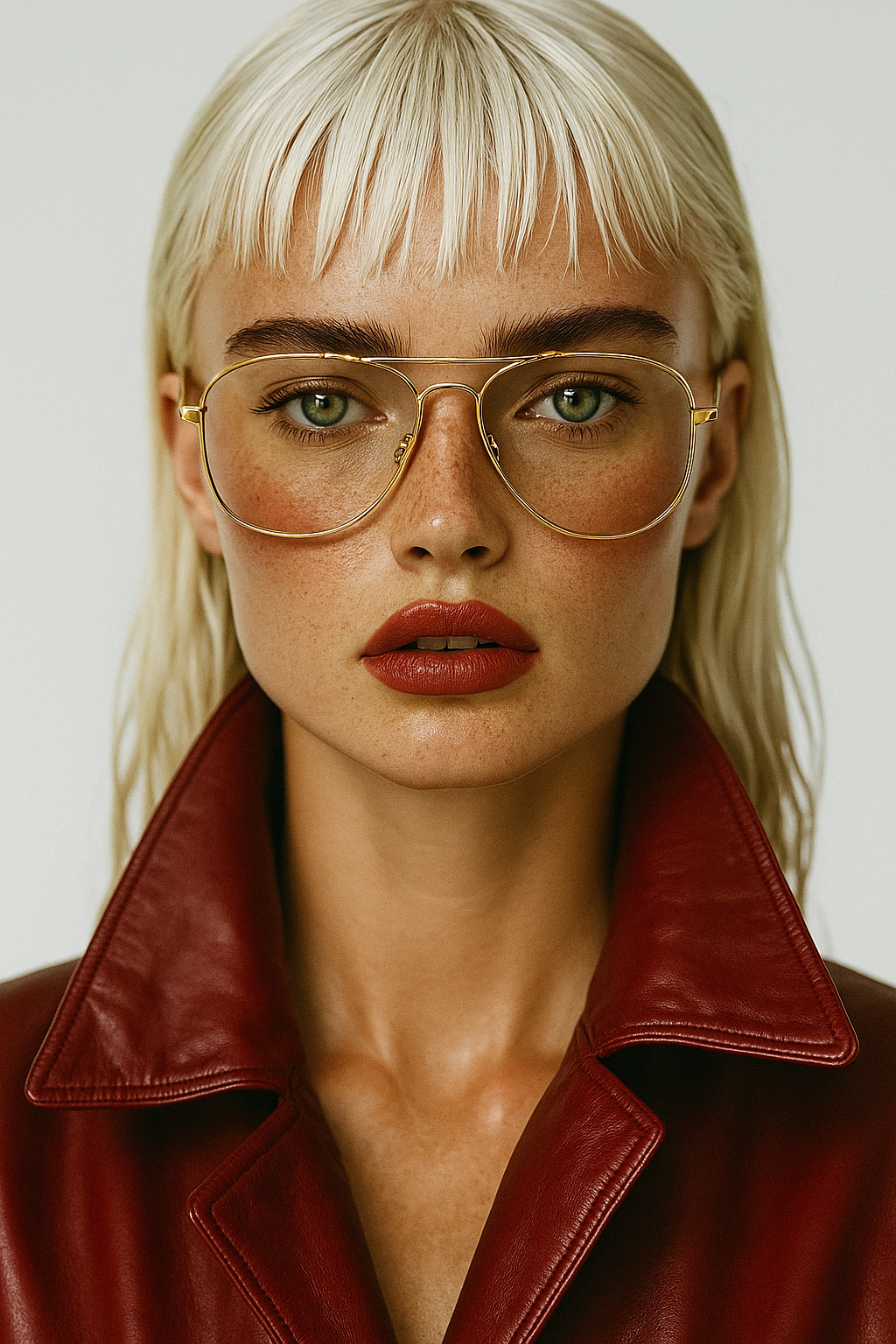A woman with blonde hair, green eyes, wearing large gold-rimmed glasses and a red leather jacket.