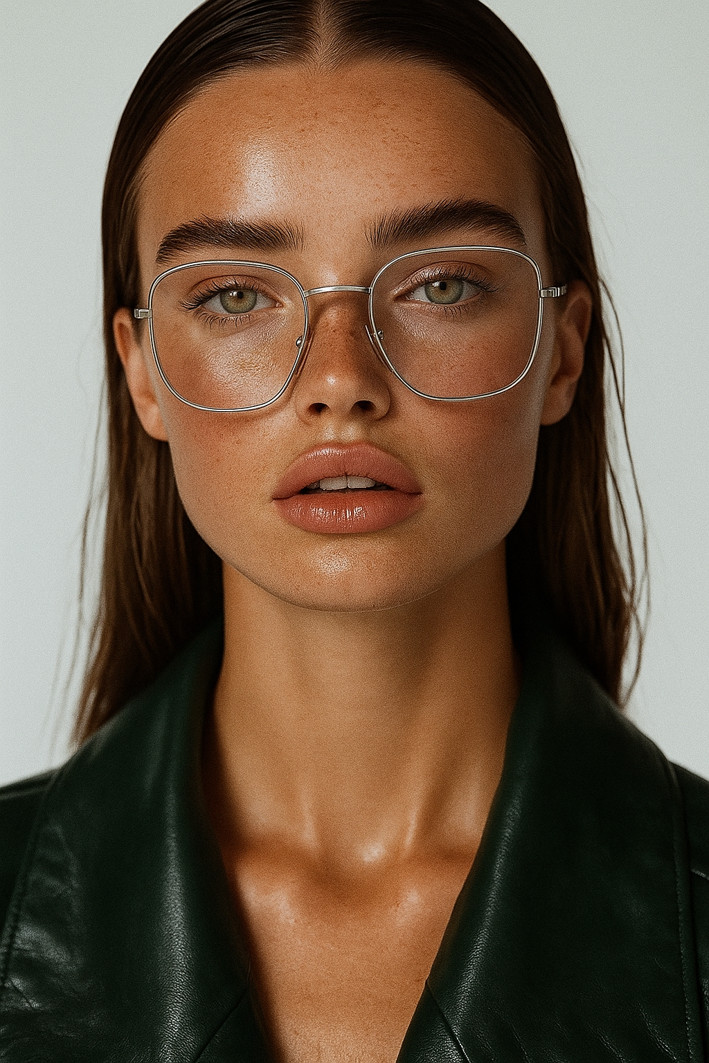 A young woman with light skin, green eyes, and long brown hair wearing oversized clear glasses and a black leather jacket.