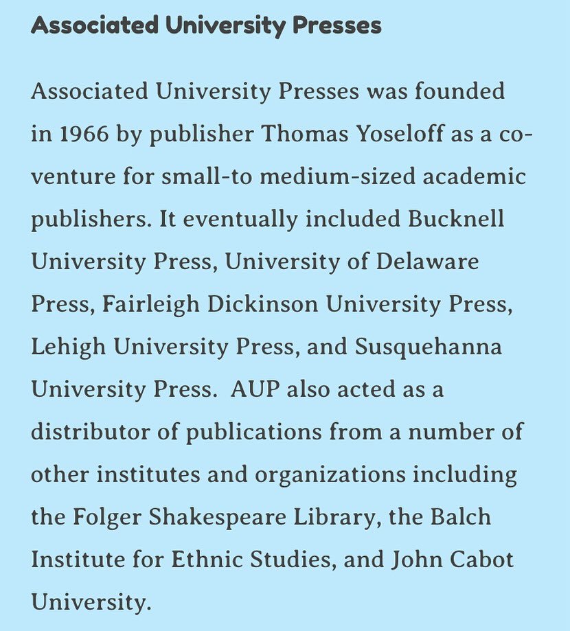 Did you know that SU Press used to be affiliated with Associated University Presses, a publishing company that handled all of our production, marketing, distribution, legal, and financial responsibilities? 

Now, we work with @su_publishingandediting