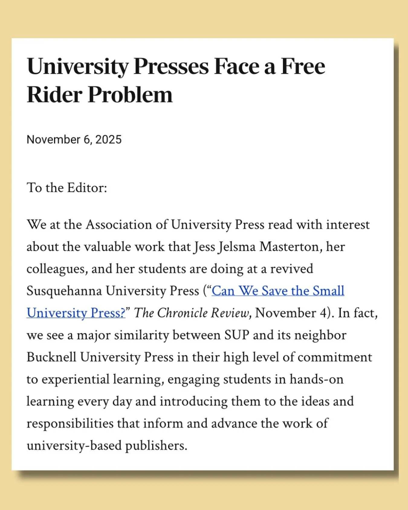The Association of University Presses has entered the chat!

Follow the link in our bio to read their response to @jessejelsma article about the current state of small university press publishing. 

&ldquo;A university that makes the decision to clos