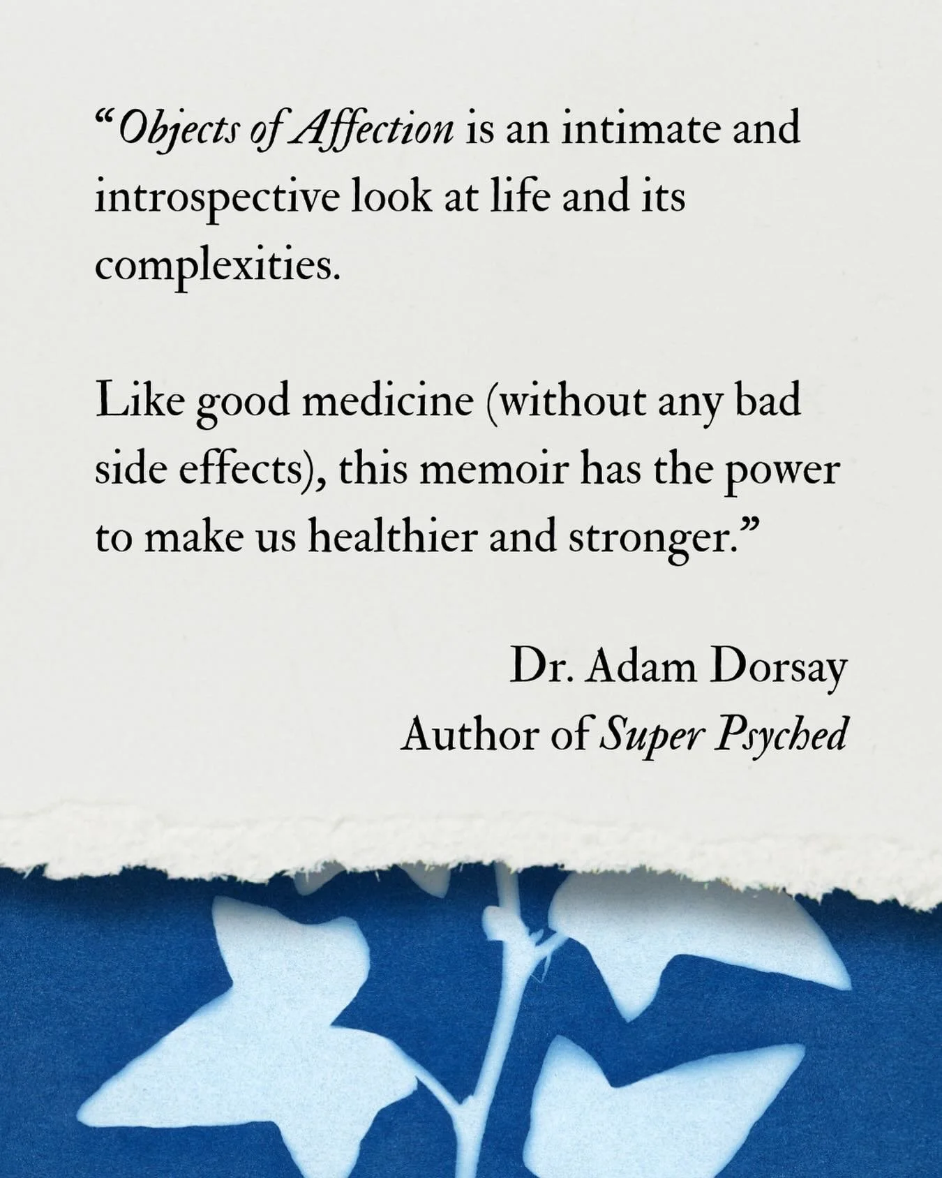 First blurb for Objects of Affection: A Memoir in Essays by @kdz_photography is in!

Thanks so much to @dradamdorsay for the kind words. 

Preorder your copy at the link in our story or bio. Releasing March 31st. 

#memoirwriting #smallpress #indiebo