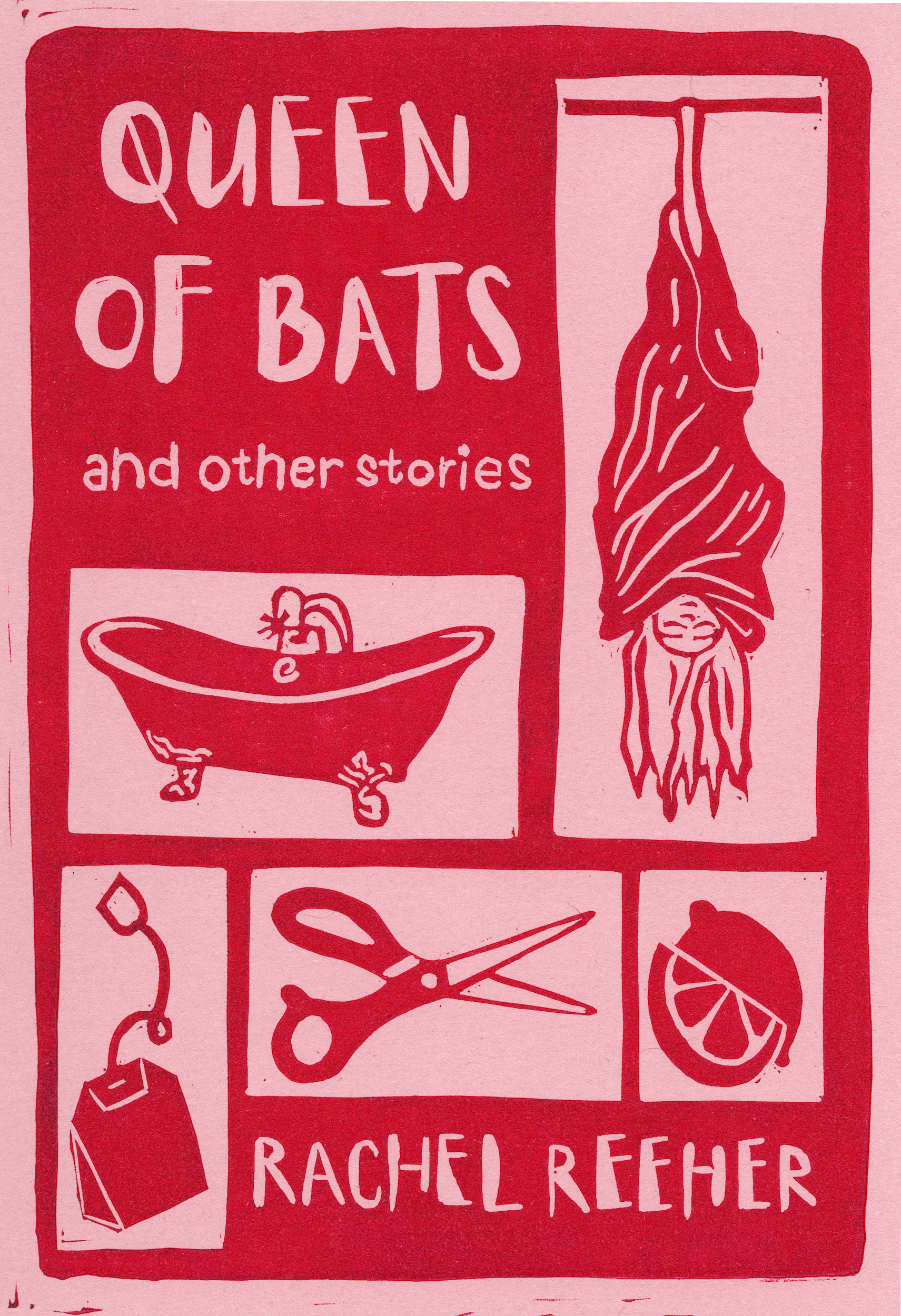 Linoprint cover of Queen of Bats: And Other Stories by Rachel Reeher.