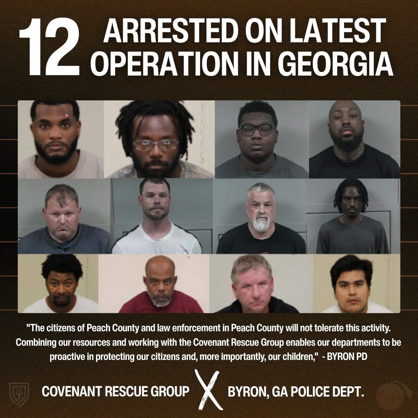 We recently partnered with the Byron Police Department and the Peach County Sheriff&rsquo;s Office in an operation that resulted in 12 arrests in Georgia.

All individuals were charged with:
Obscene Internet Contact with a Child and Use of Computer S