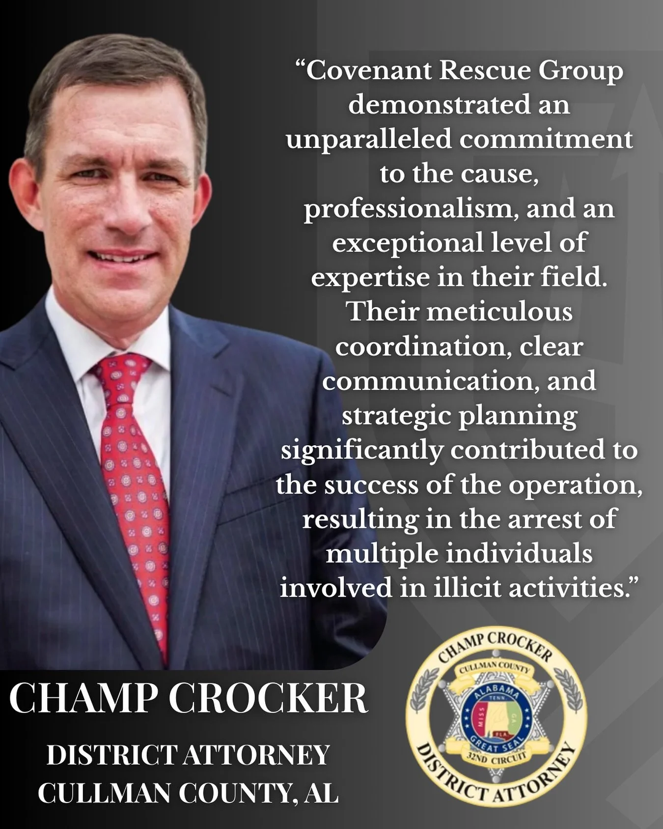 &ldquo;Unparalleled commitment. Professionalism. Expertise.&rdquo;

District Attorney Champ Crocker&rsquo;s words mean a lot to us because they come from someone who has seen this fight up close.

Help us spread the word and encourage your friends to