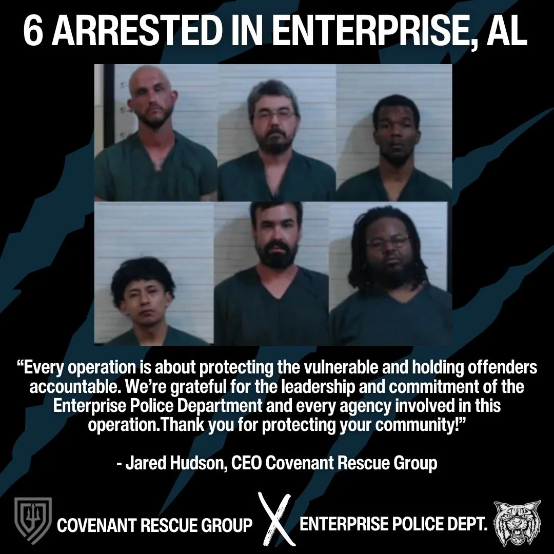 We recently provided training and assisted in an anti-human trafficking and child exploitation operation with Enterprise PD in Enterprise, Alabama.

This operation resulted in the arrest of six individuals all charged with multiple felonies including