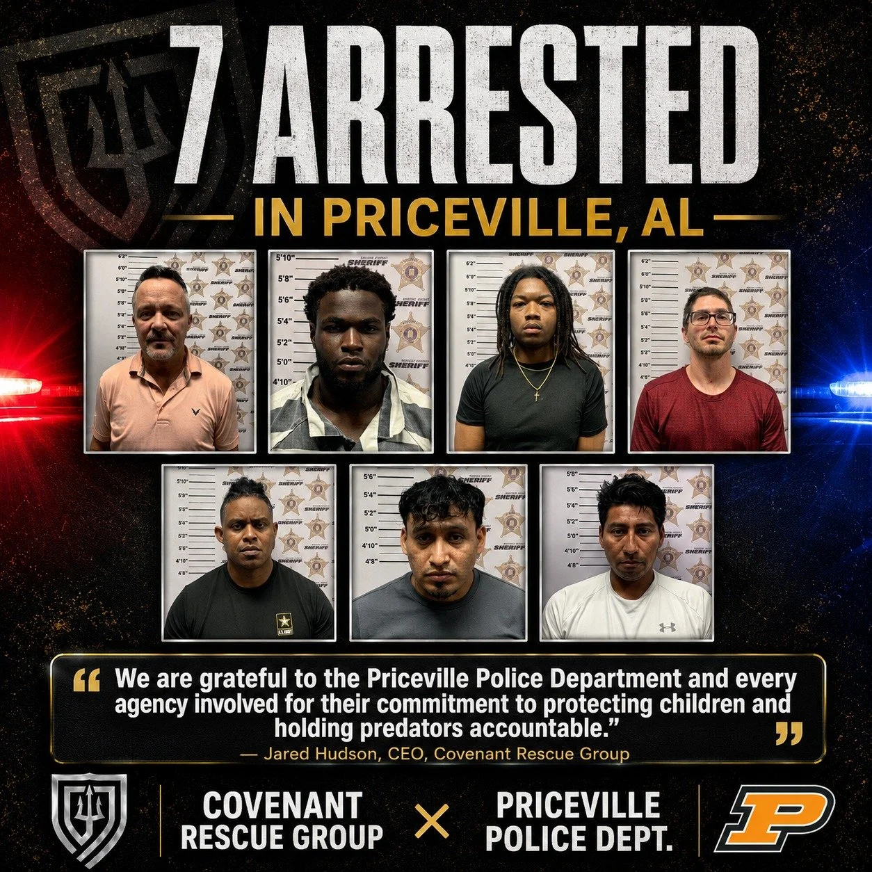 7 arrests. 22 felony charges. 1 shared mission: PROTECT CHILDREN.

We recently provided specialized training and operational support to the Priceville Police Department during an undercover child-exploitation and human trafficking operation that led 