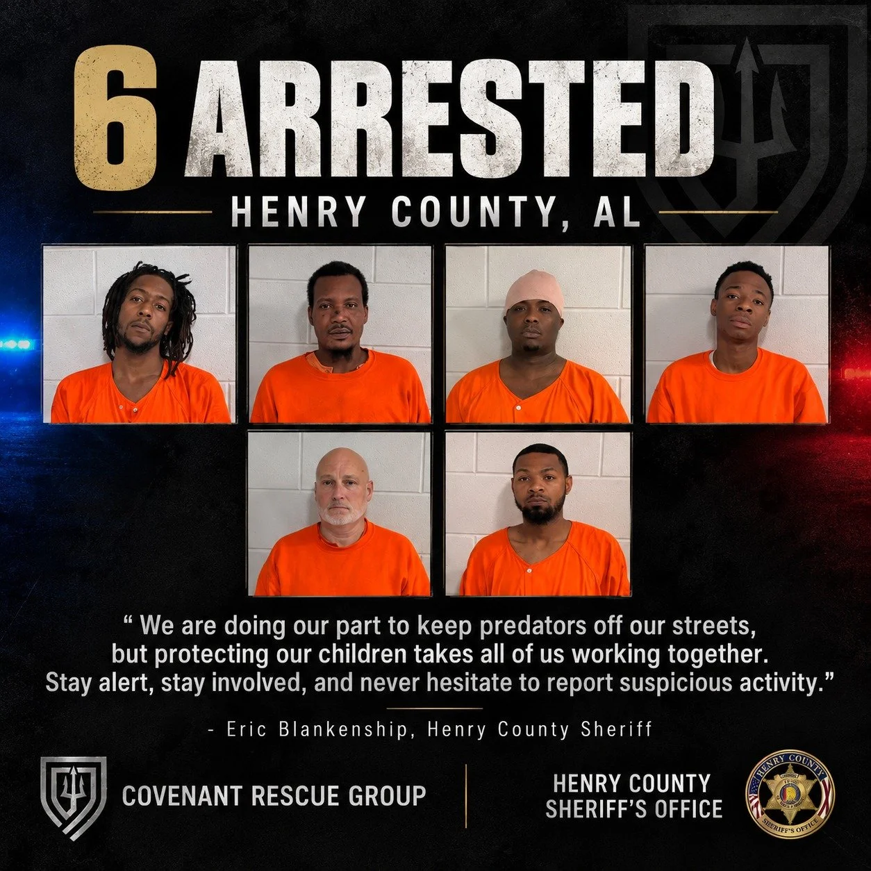 Six arrested. Twenty felony charges.

We recently partnered with the Henry County Sheriff&rsquo;s Office in Alabama for a training and operation. This was a proactive operation focused on identifying and arresting those seeking to exploit minors.

Be