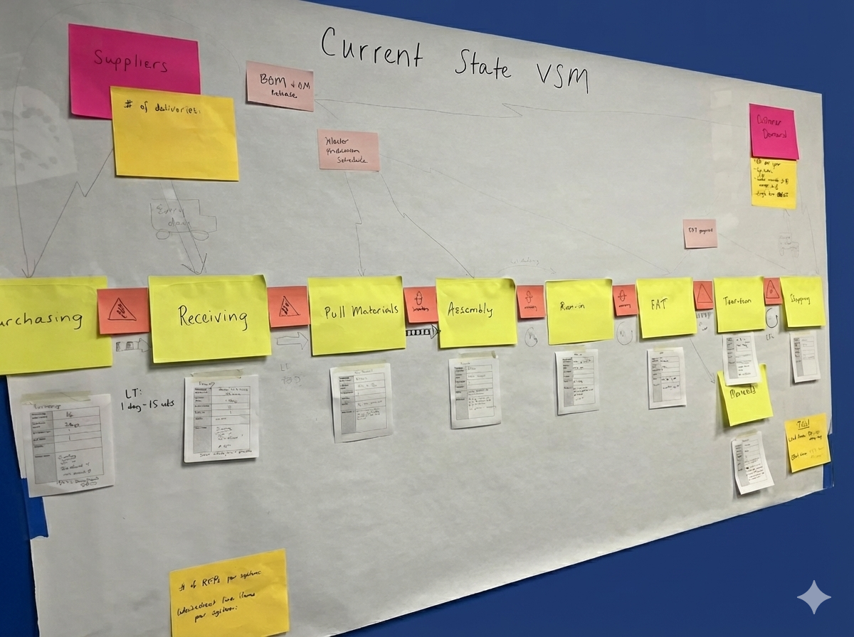 A large paper chart with sticky notes and handwritten labels displays a workflow titled 'Current State VSM' for a manufacturing or production process. The chart includes columns for different stages such as 'Purchasing,' 'Receiving,' 'Pull Materials,' 'Assembly,' 'Ramin,' 'FAT,' 'Transfer,' and 'Shipping.' Colored sticky notes with handwritten notes detail steps, schedules, and tasks.