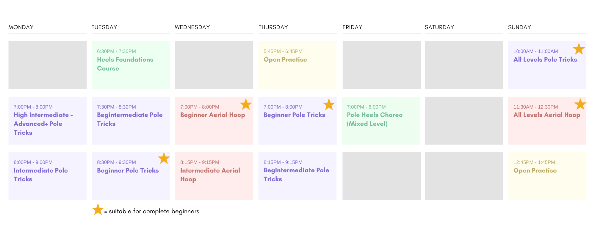 Weekly schedule of pole dancing classes, showing activities like pole tricks, aerial hoop, and heels choreo, with some classes marked as suitable for beginners.
