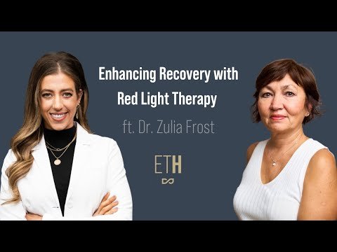 Conference slide titled 'Enhancing Recovery with Red Light Therapy' featuring Dr. Zulia Frost, with photos of two women, one younger and one older, on a blue background.