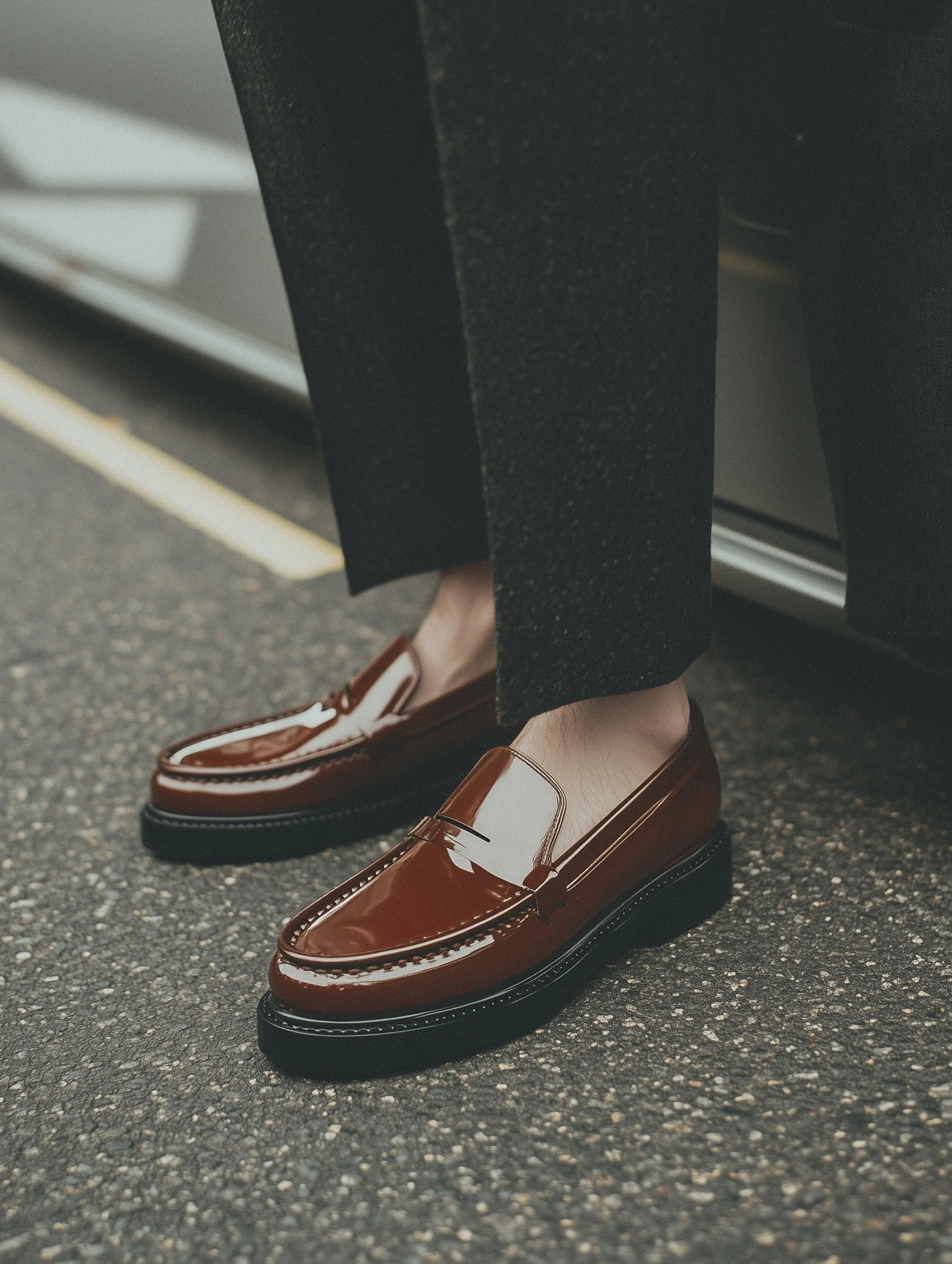 Close-up of a person wearing shiny brown loafers and black pants, standing on a street with a car nearby.