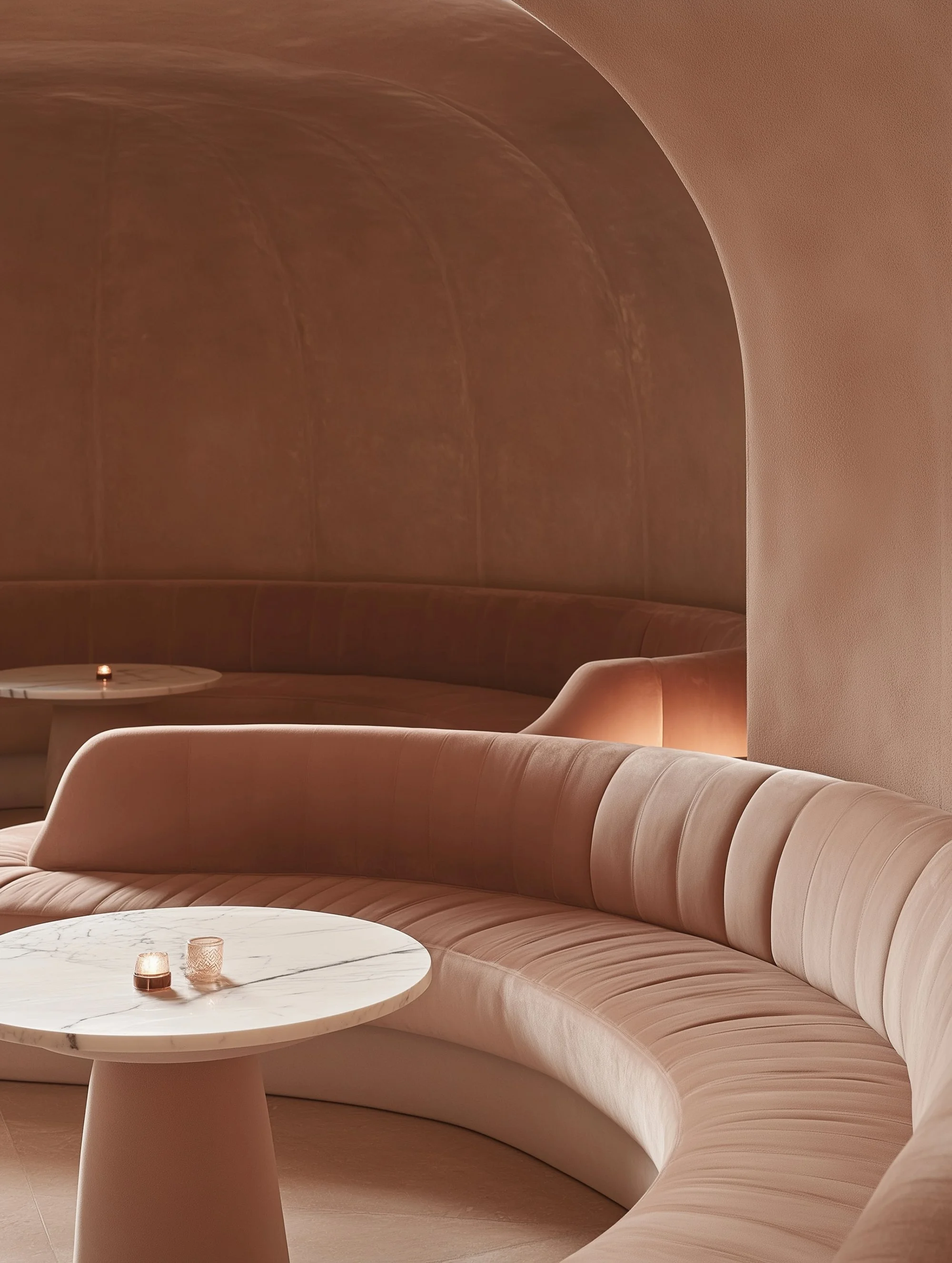 Elegant, softly lit lounge with curved, blush-colored seating and white marble tables with small candles on top.