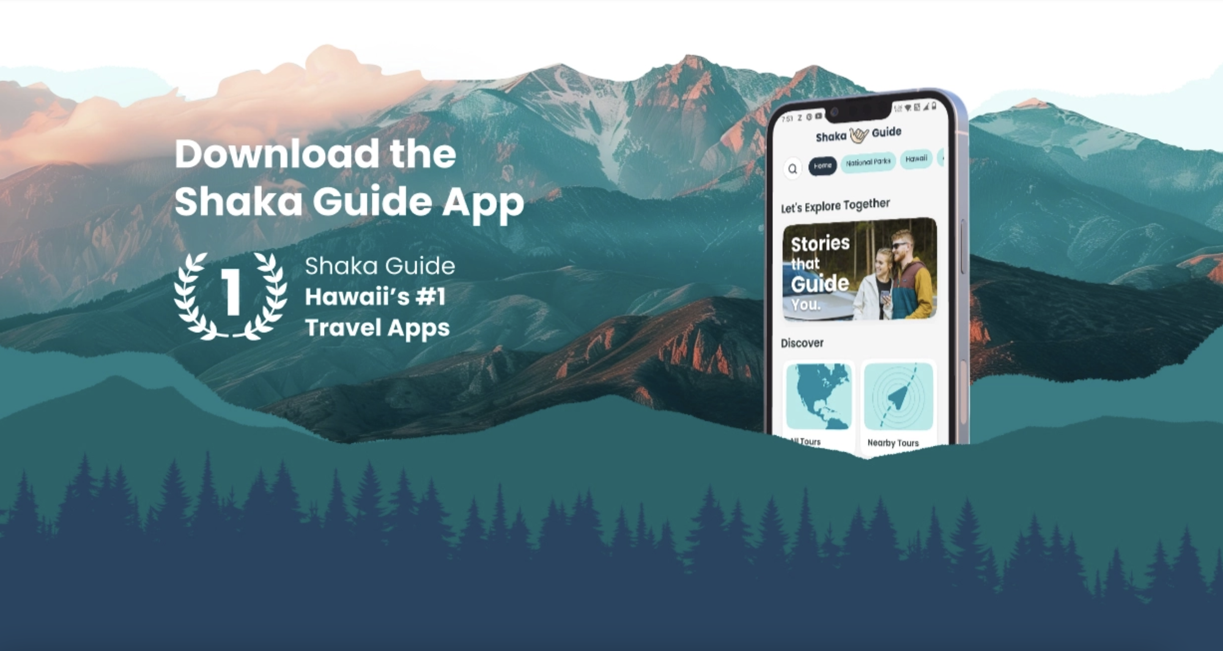 A promotional graphic for the Shaka Guide app features a mountainous landscape with trees and a smartphone displaying the app interface. Text encourages downloading the app, highlighting it as Hawaii's number one travel app.