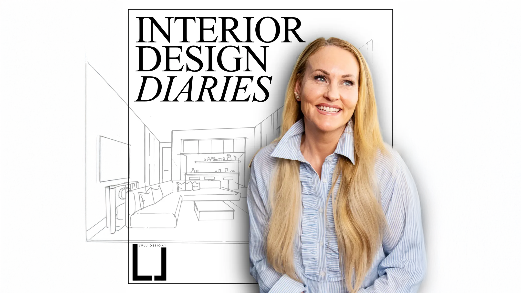 Cover of a book titled 'Interior Design Diaries' featuring a smiling woman with long blonde hair wearing a blue striped shirt, with a background illustration of a modern living room.