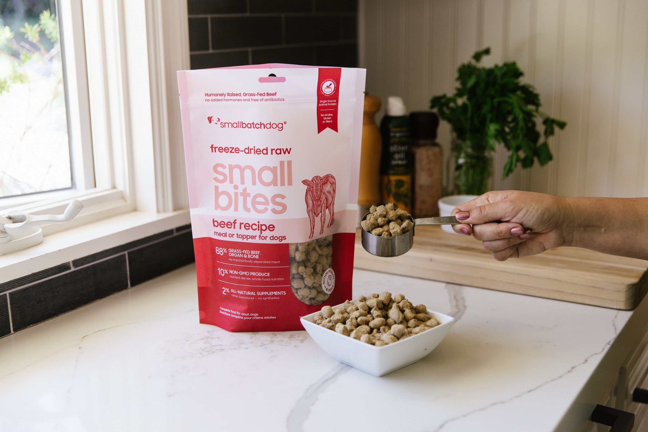 A person scoops freeze-dried raw small bites beef dog food from a bag into a white bowl on a kitchen countertop.