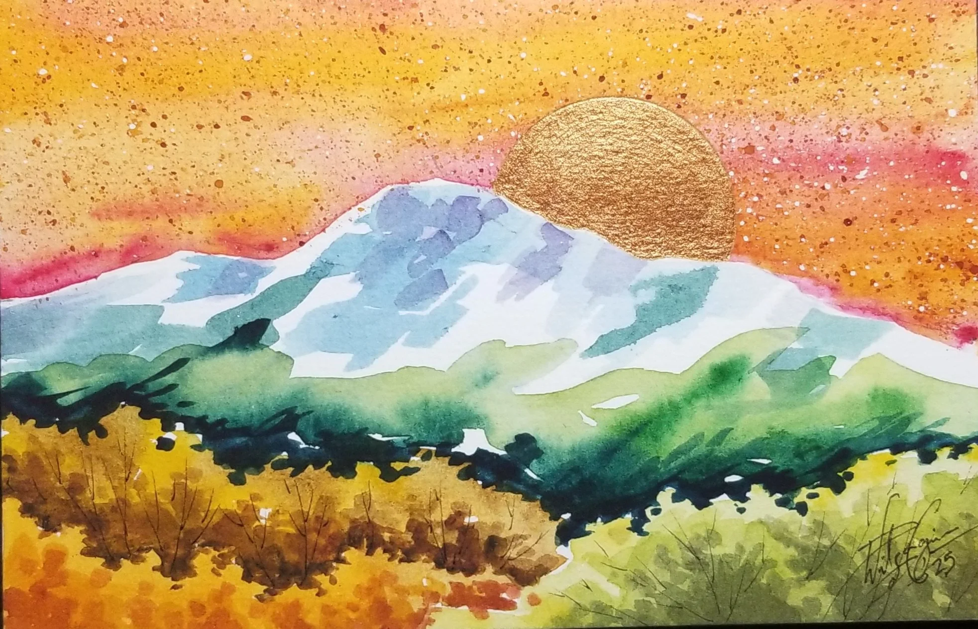 Alpine Sunset, watercolor and dry metallic pigments, 5x7", 2025 by Paula J. Wilson-Caziér