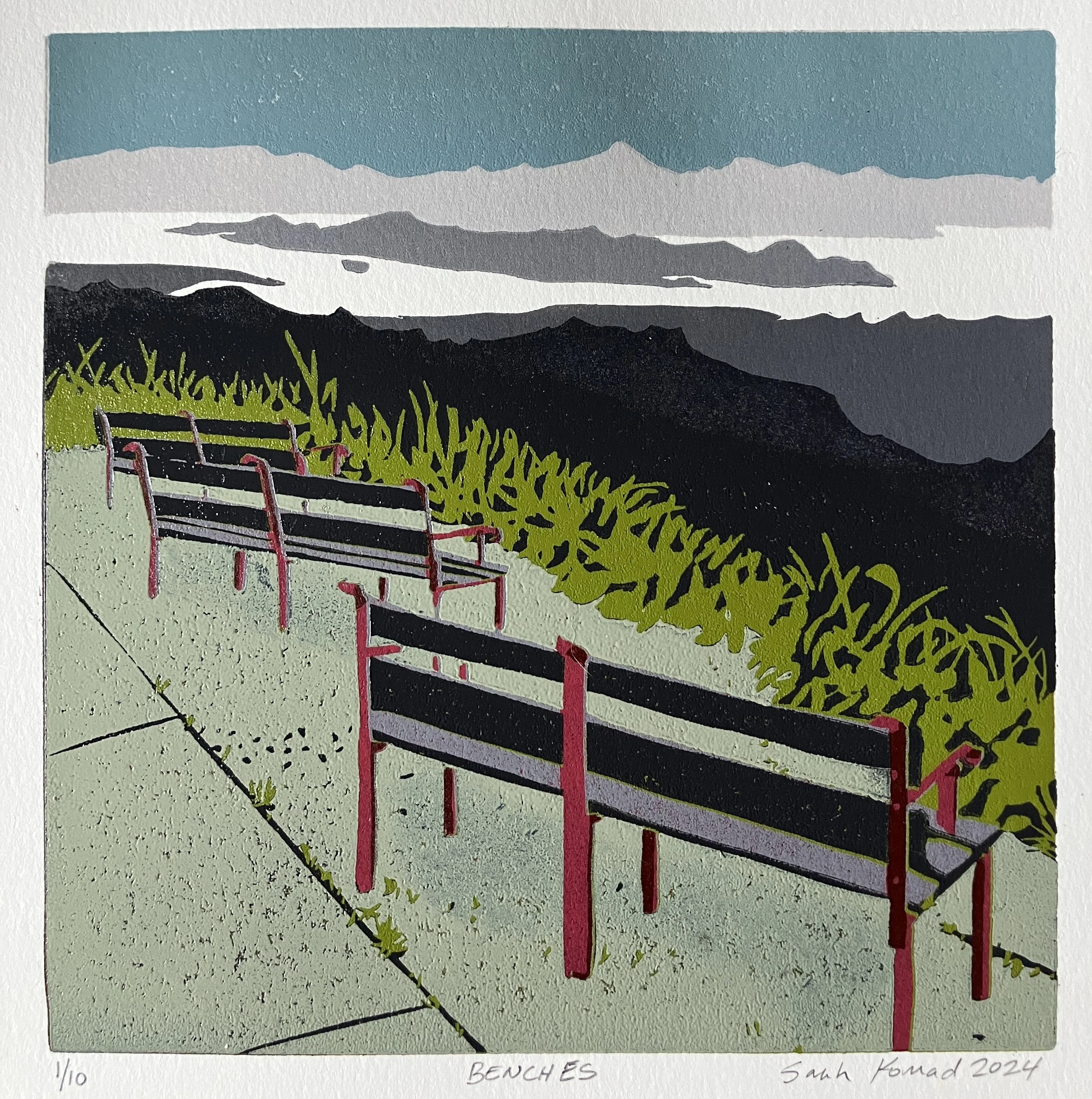 Benches, linocut, 6" x 6", 2024, by Sarah Konrad