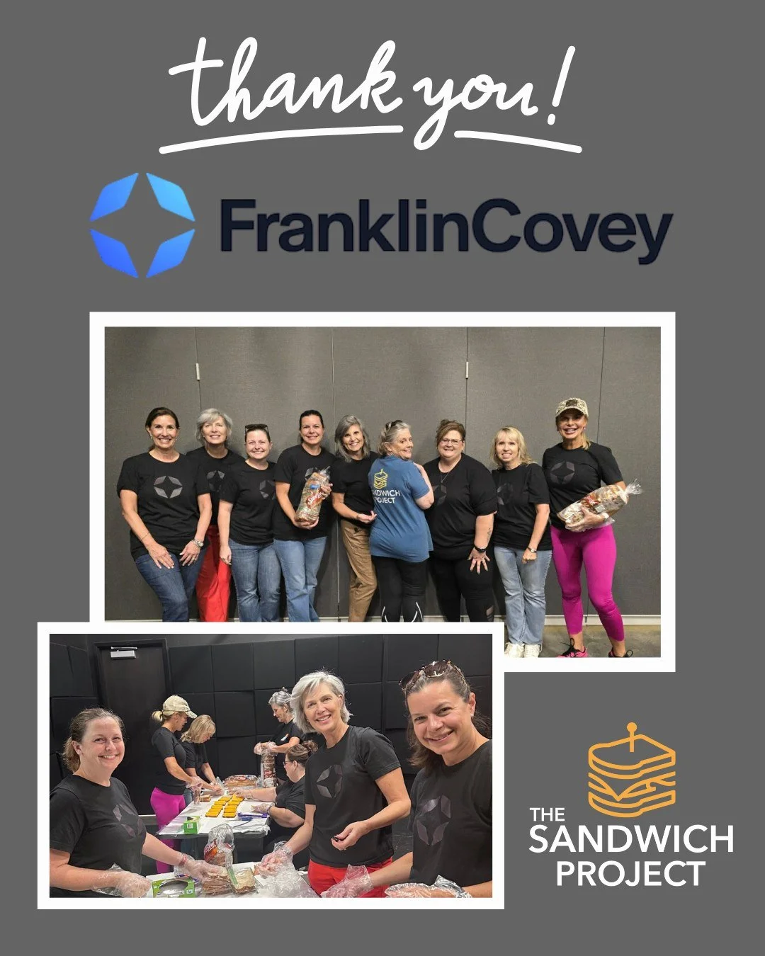 A big thank you to the @franklincovey team for rolling up your sleeves and making sandwiches for The Sandwich Project!
Your commitment to service and community helps us provide fresh meals to neighbors facing food insecurity. We&rsquo;re so grateful 