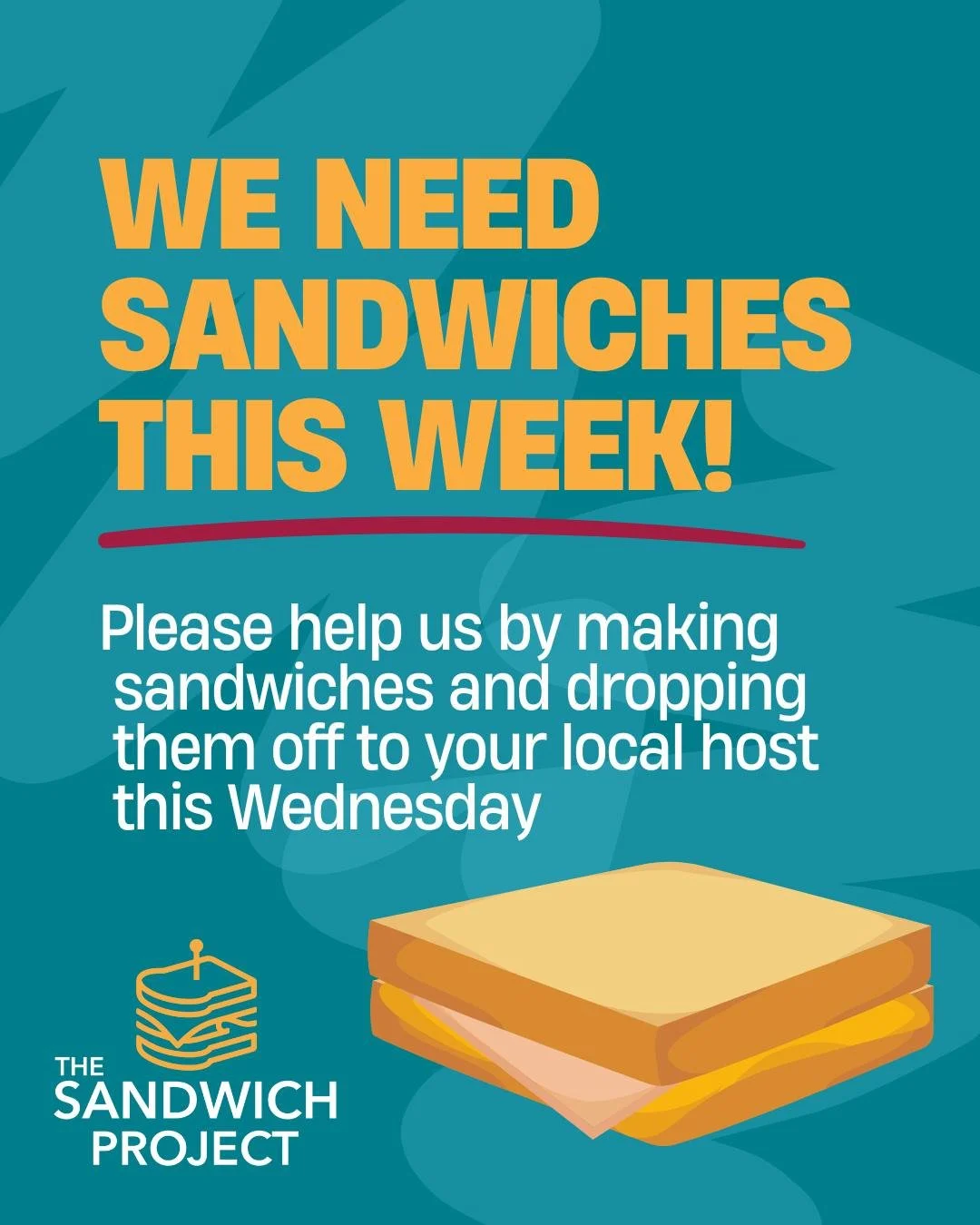 🥪🙌 We need some extra hands this week!
Sign up for our newsletter this weekend and you&rsquo;ll get an email on Monday with your closest host location. Together, we can fight food insecurity, one sandwich at a time. 💛
#TheSandwichProject #Voluntee