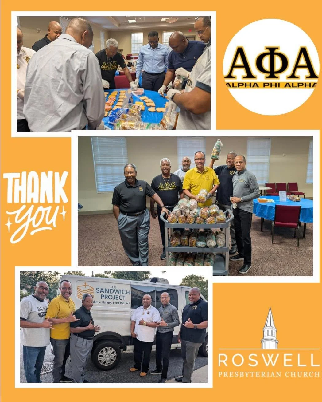 The North Fulton Chapter of Alpha Phi Alpha putting in the work with The Sandwich Project at Roswell Presbyterian Church.  Community Service Chairman, Corey Montgomery says, We appreciate partnering with TSP and RPC to support our community.