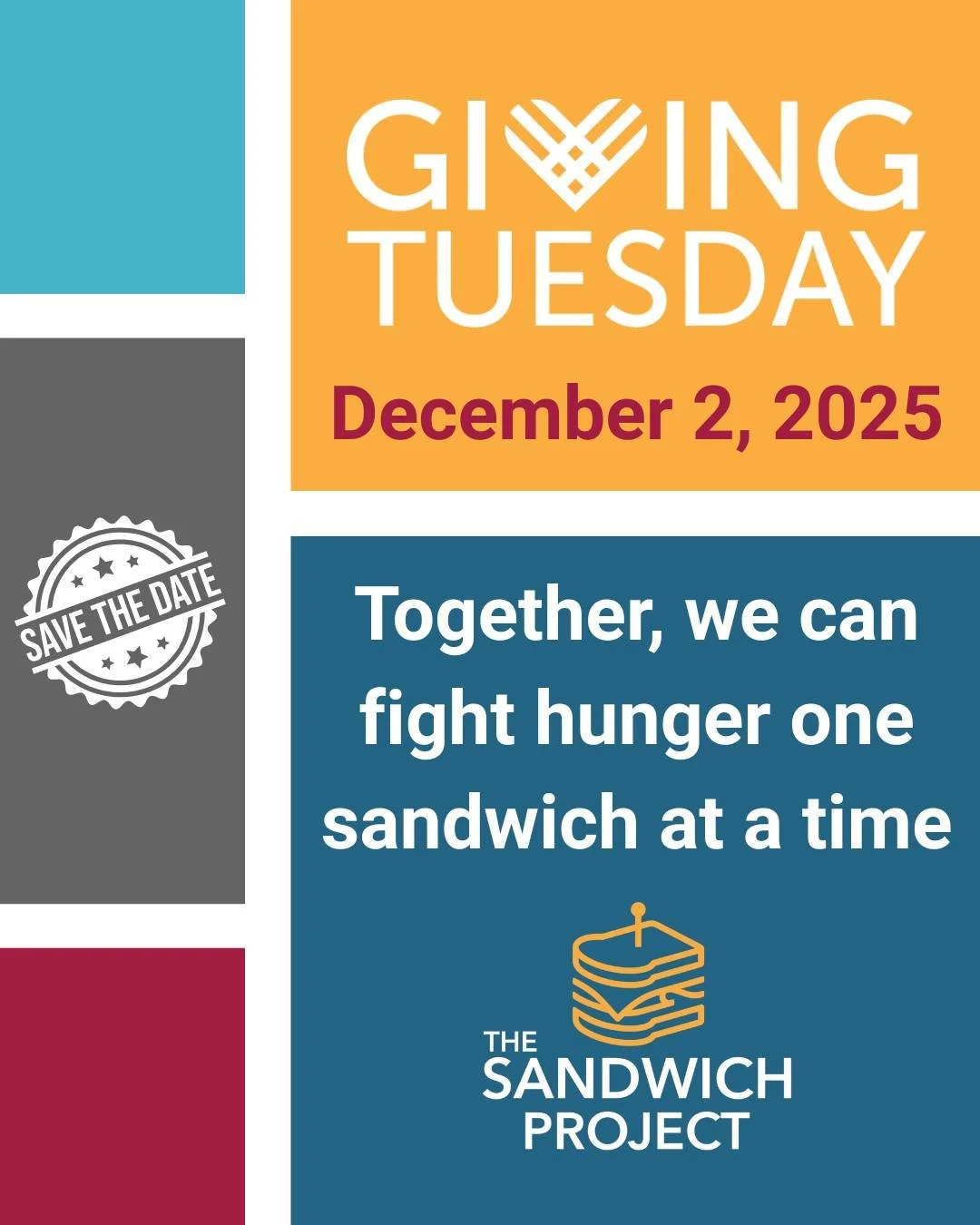 🥪 Save the date for #GivingTuesday is December 2, 2025!
Together, we can fight hunger one sandwich at a time. 💛

You don&rsquo;t have to wait to make a difference, donations can be made anytime at thesandwichproject.org
.

#GivingTuesday #FightHung