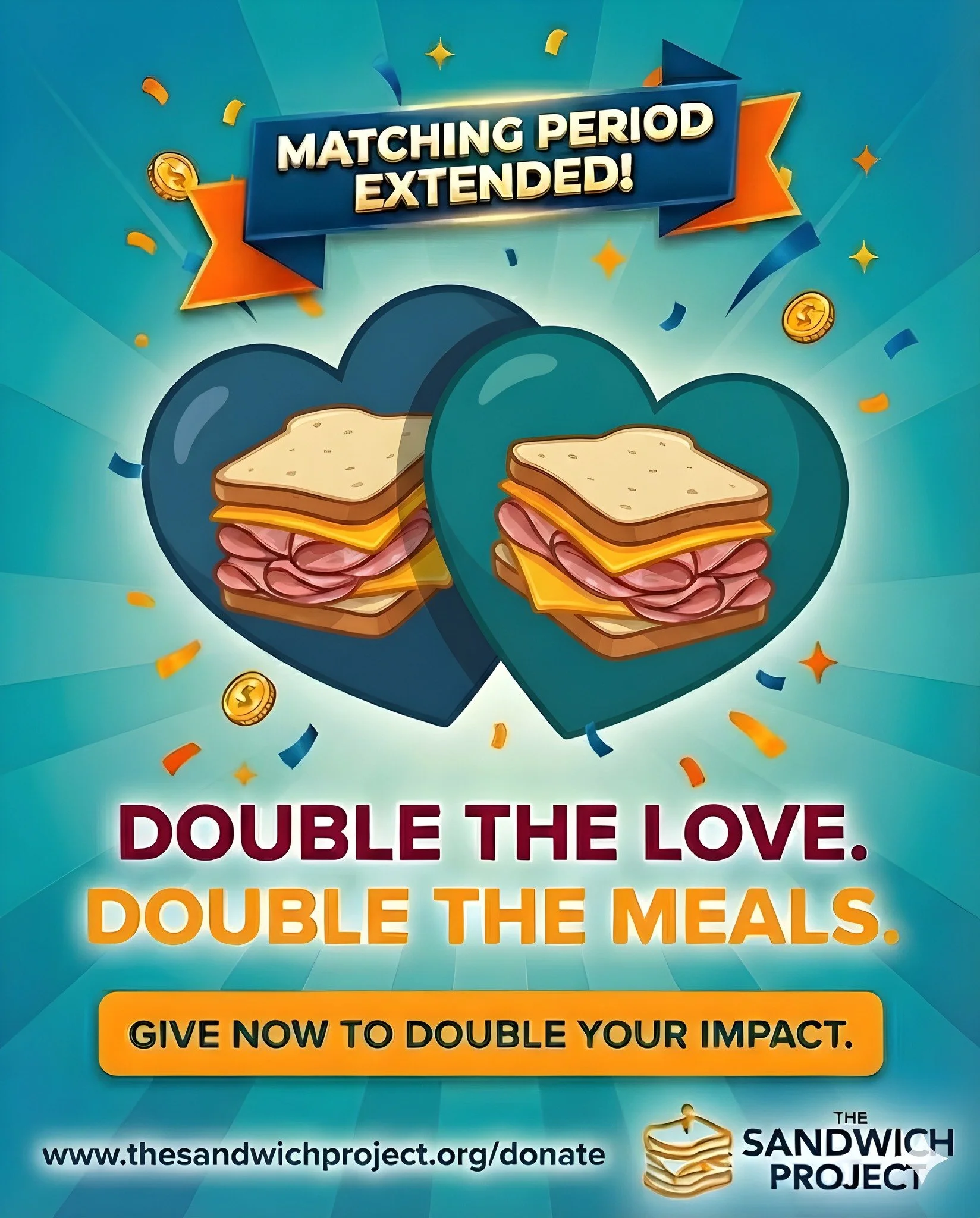 💛🥪 Great news!
Our matching period has been extended through Giving Tuesday!
That means every dollar you give helps provide twice as many meals for neighbors facing food insecurity.
Let&rsquo;s finish strong, double your impact today through Tuesda