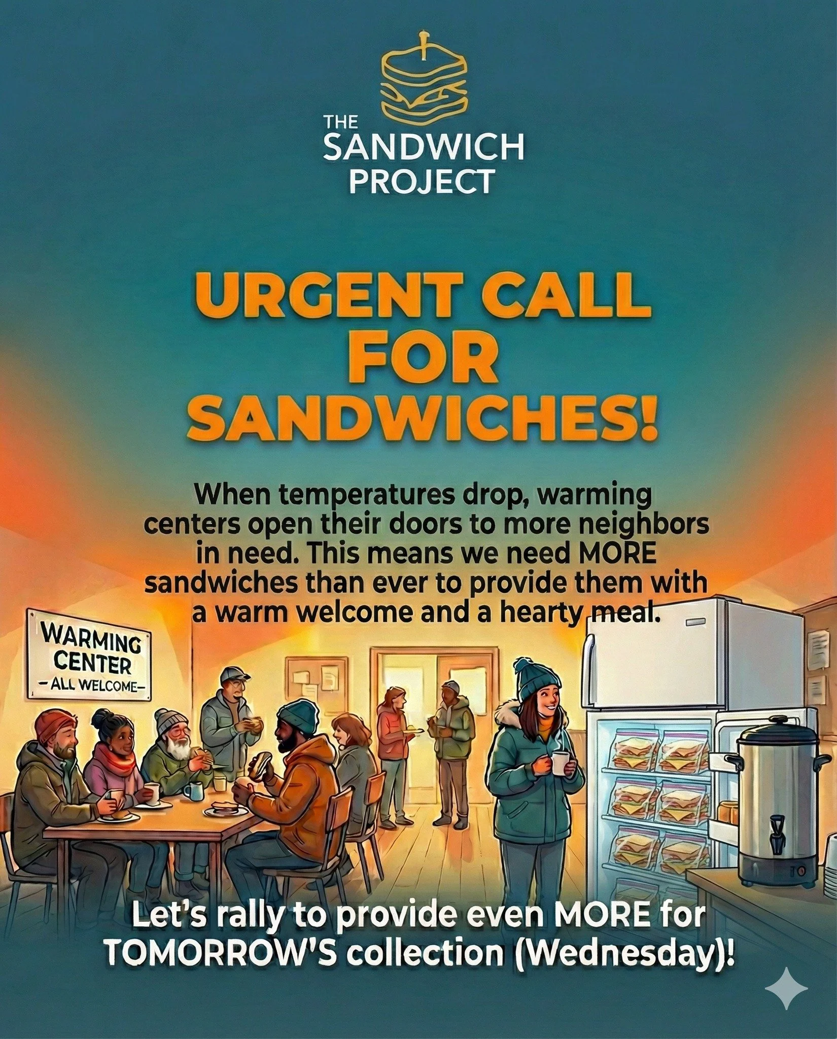 🥪🚨 URGENT NEED: WARMING CENTERS ARE OPEN
With temperatures dropping, warming centers across Atlanta are welcoming more neighbors, and we need more sandwiches than usual to support them.

If you&rsquo;re able, please make sandwiches for tomorrow&rsq