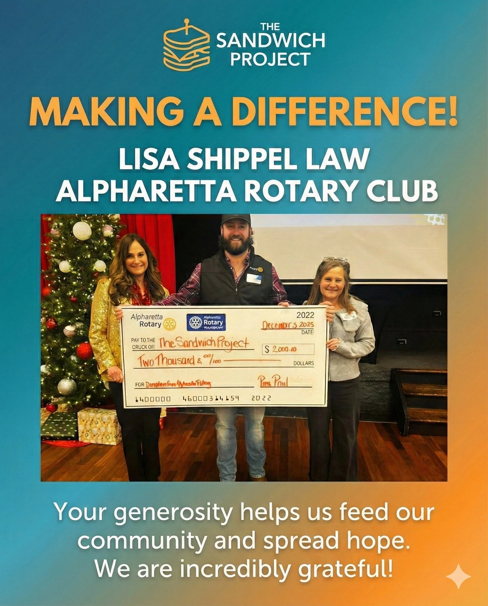 Thank you, Lisa Shippel Law and Alpharetta Rotary Club!
Your generosity strengthens our work and helps us care for neighbors facing food insecurity. We are truly grateful for your support. 🥪✨
#TheSandwichProject #AlpharettaRotary #communitycare 

@a
