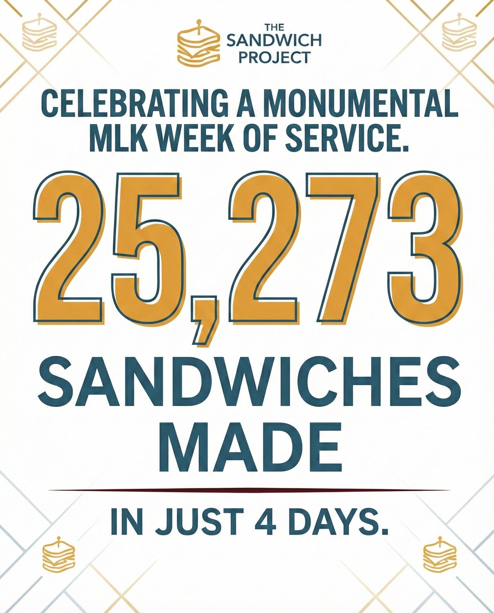 This is what a week of service looks like. 💛
During MLK Week, our community came together to make 25,273 sandwiches in just four days. Every single one was eaten within 48 hours.

Service is not a one day event. The need is ongoing, and we need sand