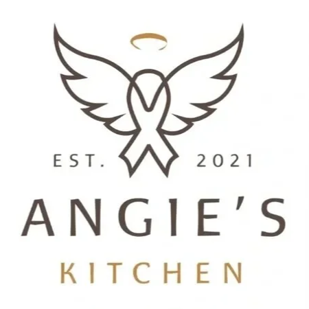 Logo for Angie&rsquo;s Kitchen featuring a stylized angel with wings, a halo, and a ribbon, with the text &ldquo;EST. 2021 ANGIE&rsquo;S KITCHEN&rdquo; underneath.