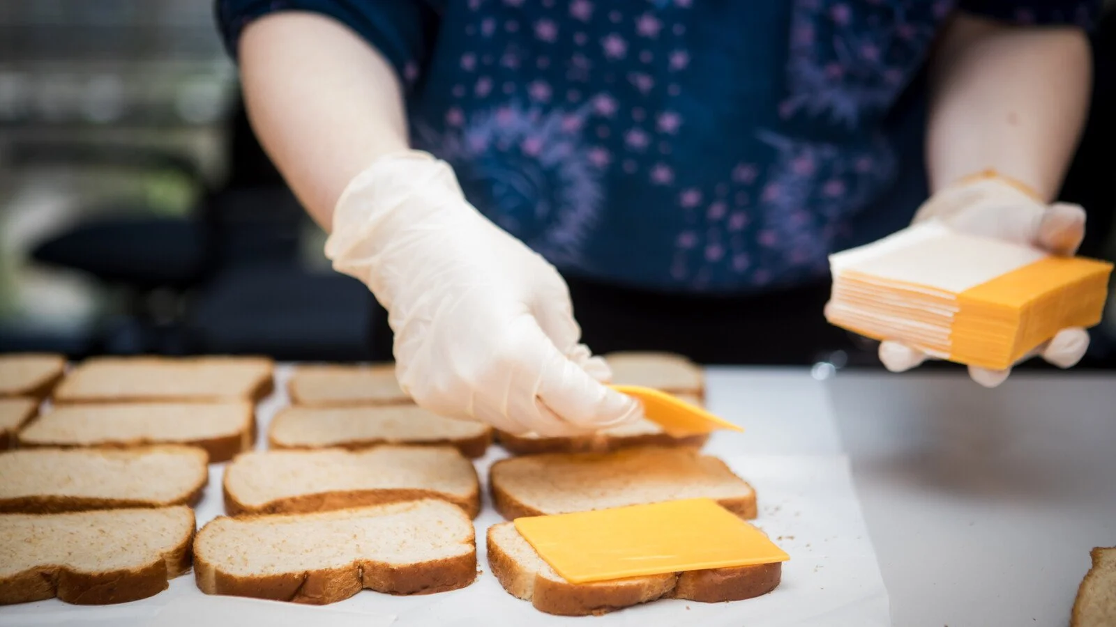 Person wearing gloves placing slices of American cheese on slices of bread for making sandwiches.